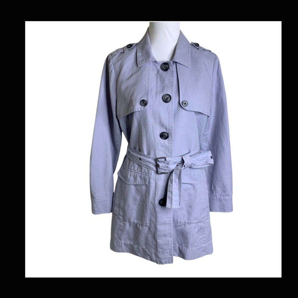CABI Linen blend ESSENTIAL LAVENDER RUSSIAN BELTED TRENCH COAT S, measured